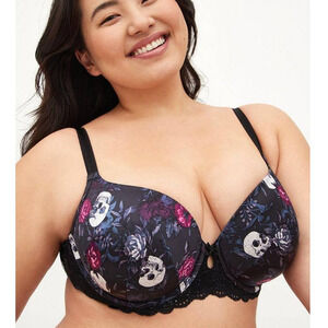 Torrid 40F Lightly Padded Lined Underwire Black Shine Skull Roses T Shirt Bra
